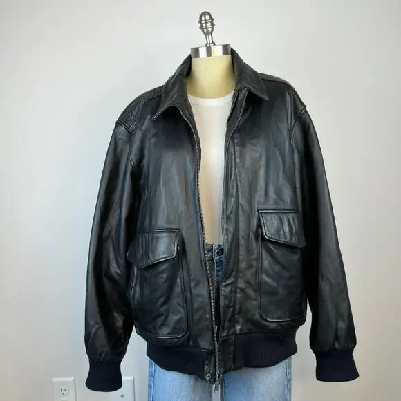 Croft and Barrow Genuine Black Leather Collared Full-Zip Bomber Jacket (Sz L)